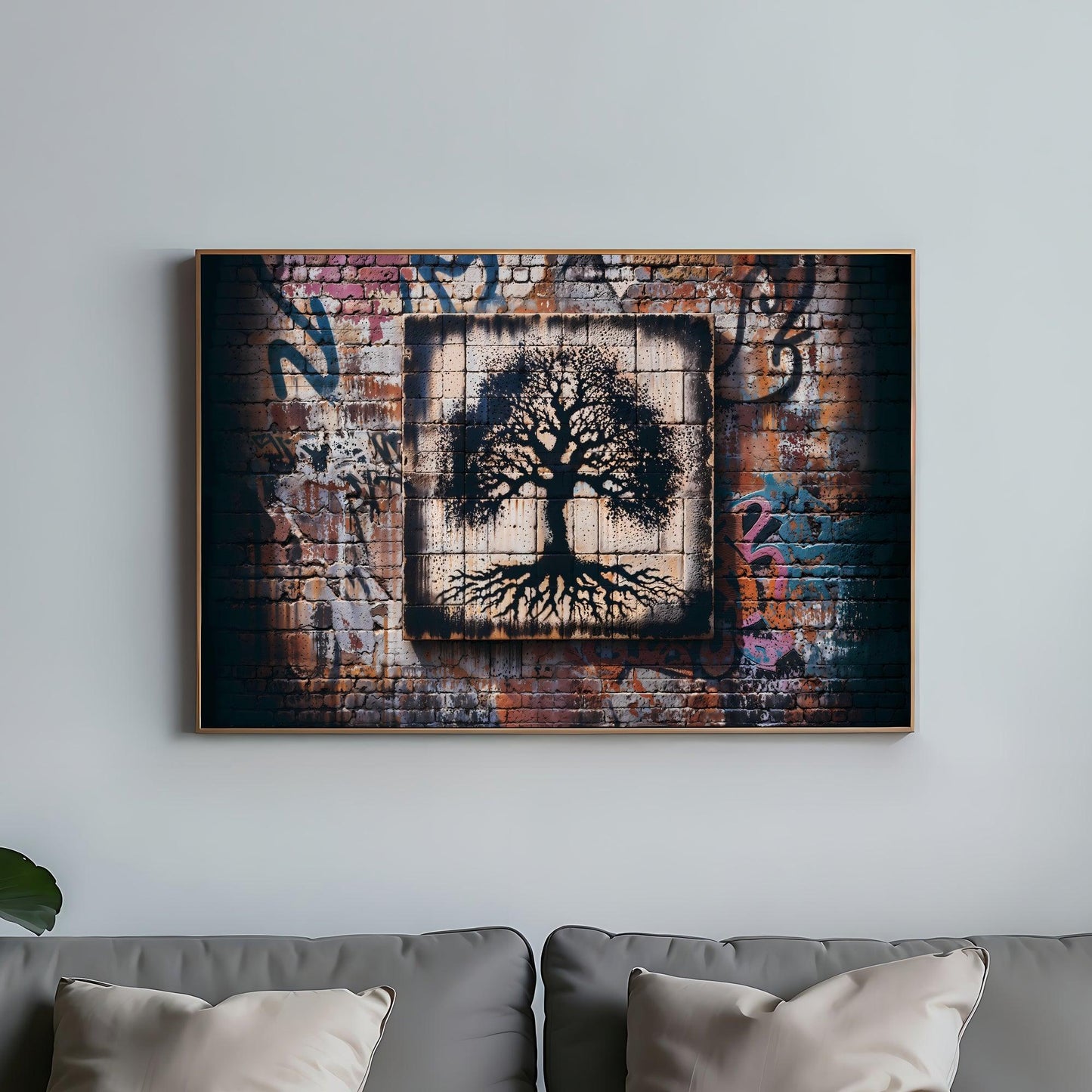 Urban Roots | Tree on Graffiti Wall AI Digital Art | Clash of Colours | Modern Moody Poster | Digital Download | Home Decor | 100 x 70 cm (3:2 Ratio) - Arts To GloryUrban Roots | Tree on Graffiti Wall AI Digital Art | Clash of Colours | Modern Moody Poster | Digital Download | Home Decor | 100 x 70 cm (3:2 Ratio)Colourful ExpressionsArts To GloryUrban-inspired canvas art depicting a detailed tree silhouette on a textured brick wall with graffiti