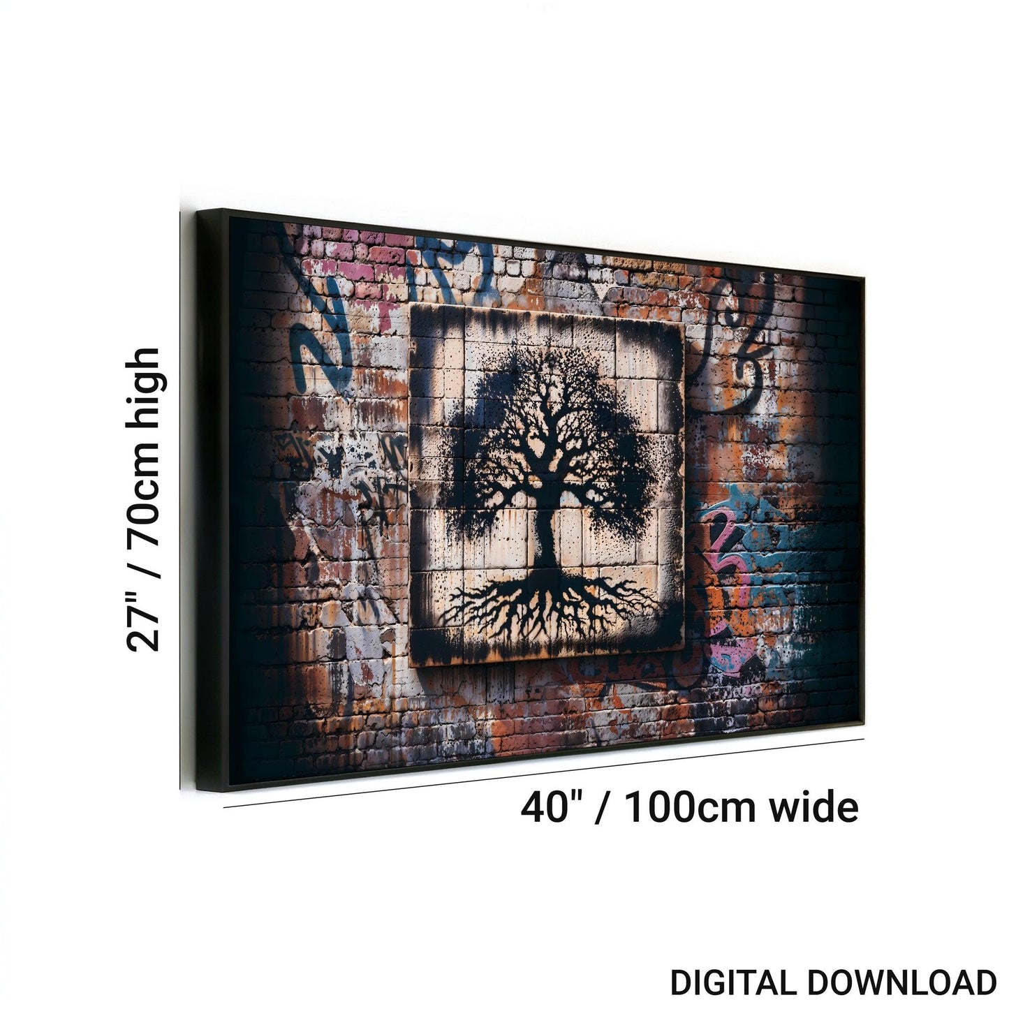 Urban Roots | Tree on Graffiti Wall AI Digital Art | Clash of Colours | Modern Moody Poster | Digital Download | Home Decor | 100 x 70 cm (3:2 Ratio) - Arts To GloryUrban Roots | Tree on Graffiti Wall AI Digital Art | Clash of Colours | Modern Moody Poster | Digital Download | Home Decor | 100 x 70 cm (3:2 Ratio)Colourful ExpressionsArts To GloryDigital download of Urban Roots Tree on Graffiti Wall art piece, capturing a tree silhouette set against a colourful, graffiti-adorned brick backdrop, s