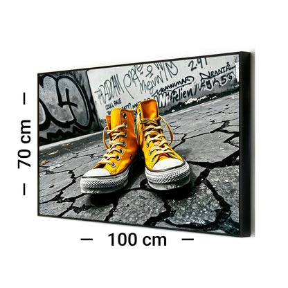 Urban Yellow - Arts To GloryUrban YellowDigital Wall ArtArts To GloryDigital download artwork featuring bold yellow trainers on urban graffiti street, designed for stylish home or office décor.