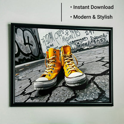 Urban Yellow - Arts To GloryUrban YellowDigital Wall ArtArts To GloryMinimalist urban art featuring striking yellow trainers against cracked pavement and graffiti background.
