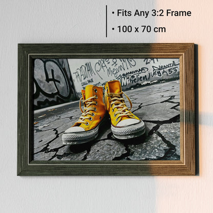 Urban Yellow - Arts To GloryUrban YellowDigital Wall ArtArts To GloryFramed digital print of vibrant yellow trainers set against a monochrome graffiti street scene, ideal statement piece for interiors.