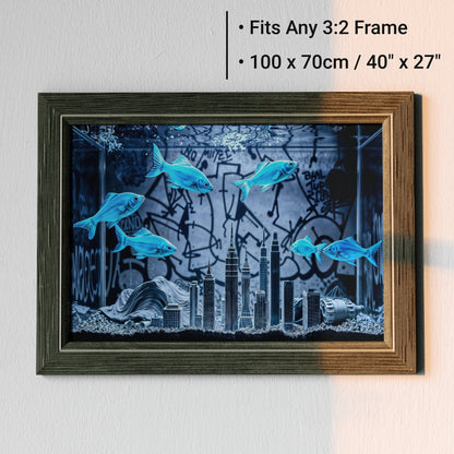 Vibrant Blue Fish Tank - Arts To GloryVibrant Blue Fish TankDigital Wall ArtArts To GloryFramed 100x70cm print of a vibrant fish tank with a modern urban cityscape, ideal for contemporary or industrial interiors.