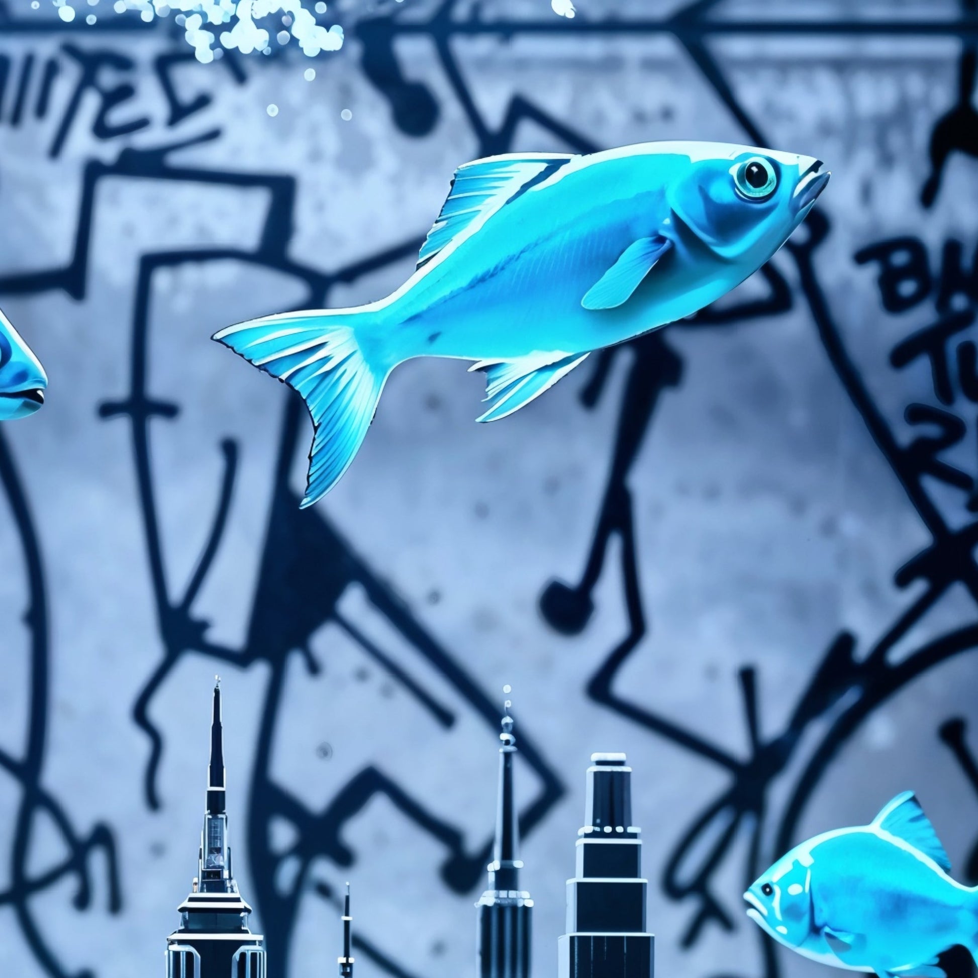 Vibrant Blue Fish Tank - Arts To GloryVibrant Blue Fish TankDigital Wall ArtArts To GloryClose - up of vibrant blue fish swimming through a city skyline in a surreal aquarium, with detailed graffiti - inspired urban textures.