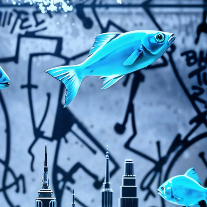 Vibrant Blue Fish Tank - Arts To GloryVibrant Blue Fish TankDigital Wall ArtArts To GloryClose - up of vibrant blue fish swimming through a city skyline in a surreal aquarium, with detailed graffiti - inspired urban textures.