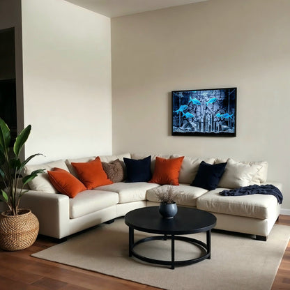 Vibrant Blue Fish Tank - Arts To GloryVibrant Blue Fish TankDigital Wall ArtArts To GloryA modern living room featuring wooden flooring, natural greenery, and a framed urban fish tank artwork with vibrant blue fish and a cityscape.