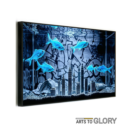 Vibrant Blue Fish Tank - Arts To GloryVibrant Blue Fish TankDigital Wall ArtArts To GloryBold surreal urban fish tank art featuring vibrant blue fish swimming through a city skyline inside an aquarium, perfect for modern décor.