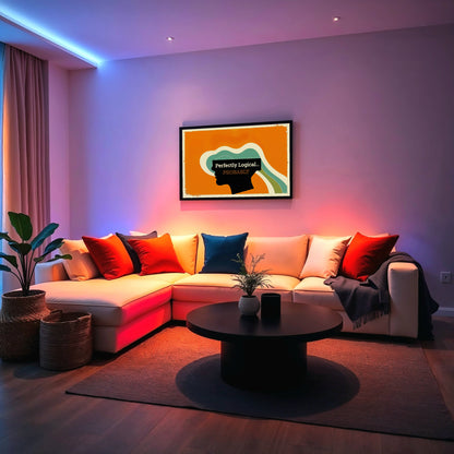A contemporary living room with colourful LED lighting featuring a cream sectional sofa, red and blue cushions, and a framed silhouette artwork on an orange backdrop.