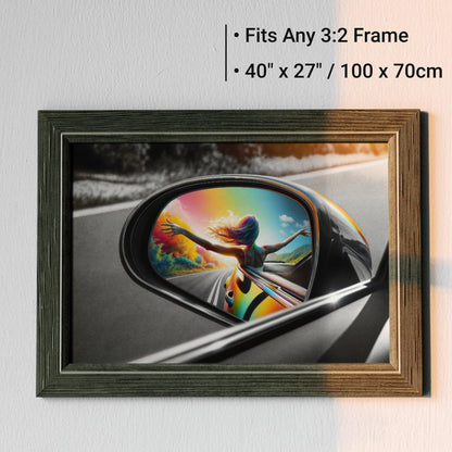 Vivid Freedom | Euphoria in Reflection AI Digital Art Poster | Home Decor | Digital Download | 100 x 70 cm (3:2 Ratio) - Arts To GloryVivid Freedom | Euphoria in Reflection AI Digital Art Poster | Home Decor | Digital Download | 100 x 70 cm (3:2 Ratio)Colourful ExpressionsArts To GloryA captivating digital art print that seamlessly fits any 3:2 frame, showcasing a woman's moment of joy in a car mirror against a radiant sunset, ready to adorn any space at 40 by 27 inches.