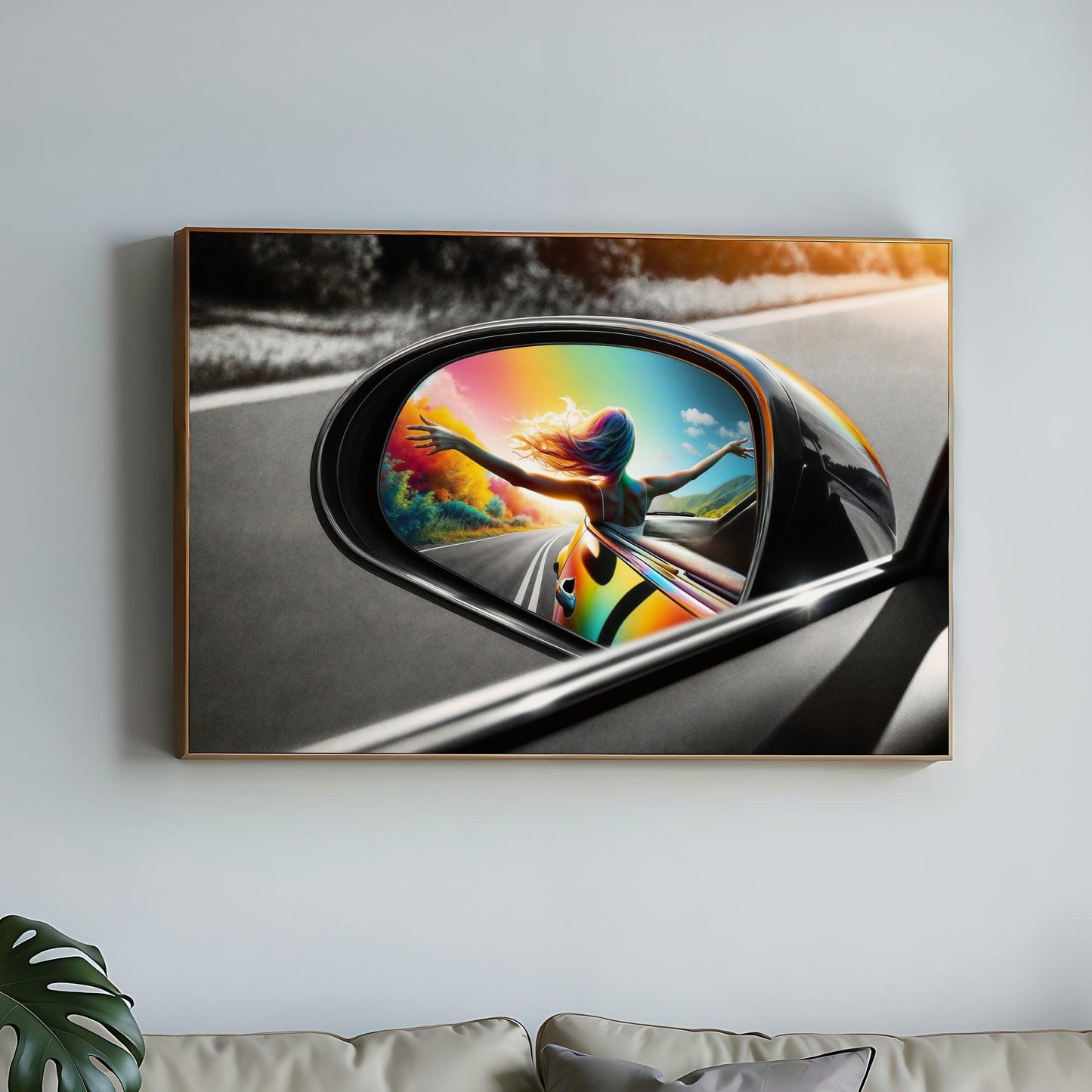 Vivid Freedom | Euphoria in Reflection AI Digital Art Poster | Home Decor | Digital Download | 100 x 70 cm (3:2 Ratio) - Arts To GloryVivid Freedom | Euphoria in Reflection AI Digital Art Poster | Home Decor | Digital Download | 100 x 70 cm (3:2 Ratio)Colourful ExpressionsArts To GloryVibrant canvas print of a colourful road trip scene reflected in a car's side mirror with a woman's silhouette reaching out