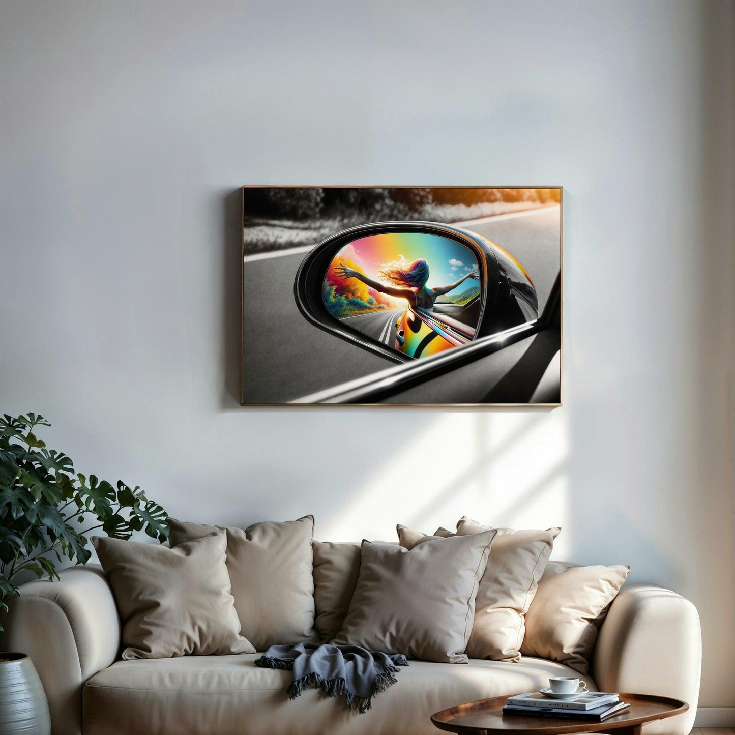 Vivid Freedom | Euphoria in Reflection AI Digital Art Poster | Home Decor | Digital Download | 100 x 70 cm (3:2 Ratio) - Arts To GloryVivid Freedom | Euphoria in Reflection AI Digital Art Poster | Home Decor | Digital Download | 100 x 70 cm (3:2 Ratio)Colourful ExpressionsArts To GloryArtistic canvas print of a dynamic road trip view in a car mirror with explosive colours and a figure's arm extended