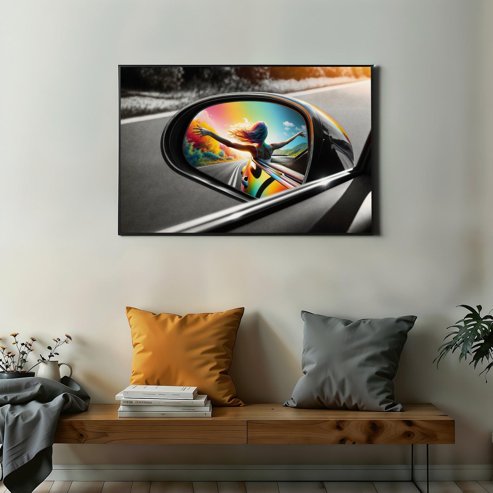 Vivid Freedom | Euphoria in Reflection AI Digital Art Poster | Home Decor | Digital Download | 100 x 70 cm (3:2 Ratio) - Arts To GloryVivid Freedom | Euphoria in Reflection AI Digital Art Poster | Home Decor | Digital Download | 100 x 70 cm (3:2 Ratio)Colourful ExpressionsArts To GloryVivid and evocative digital art piece showcasing the reflection of a woman embodying freedom in the rearview mirror of a car, against a backdrop of rich sunset colours, available in 40 by 27 inches for a contempora