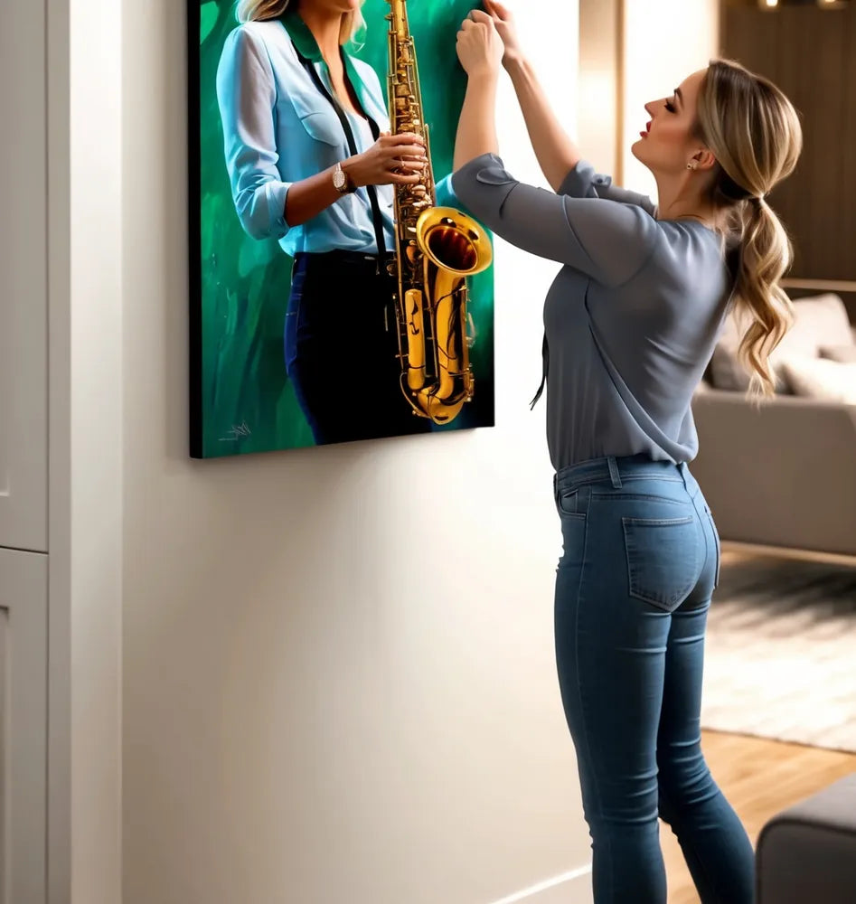 woman hanging wall art of a female saxophone player in green