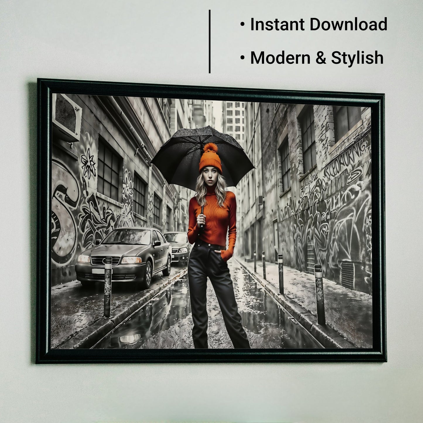 Woman in Orange Hat, Jumper, and Black Umbrella in Alleyway - Digital Wall Art (100x70cm) - Arts To GloryWoman in Orange Hat, Jumper, and Black Umbrella in Alleyway - Digital Wall Art (100x70cm)Digital Wall ArtArts To GloryUrban alleyway artwork featuring a woman in orange fashion with a black umbrella, 100x70cm.