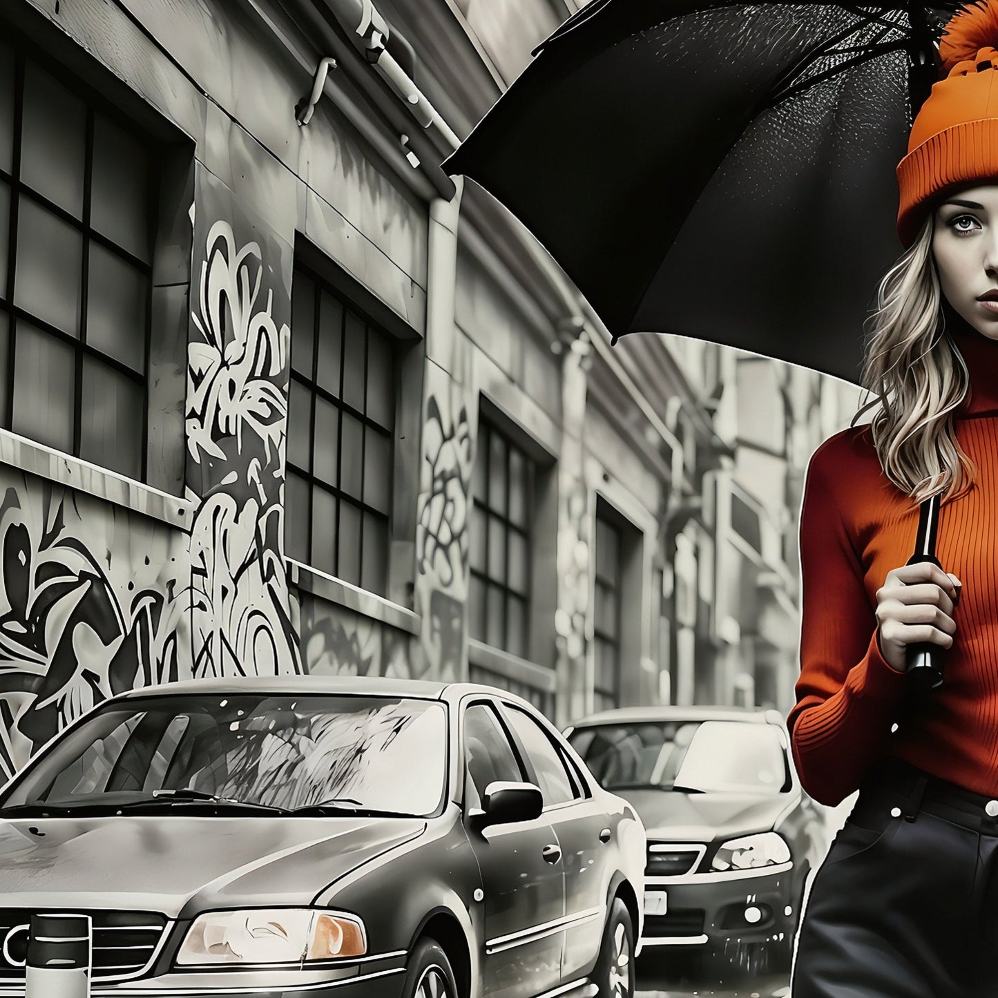 Woman in Orange Hat, Jumper, and Black Umbrella in Alleyway - Digital Wall Art (100x70cm) - Arts To GloryWoman in Orange Hat, Jumper, and Black Umbrella in Alleyway - Digital Wall Art (100x70cm)Digital Wall ArtArts To GloryClose - up of woman in an orange hat with street art background in a city scene, 100x70cm.