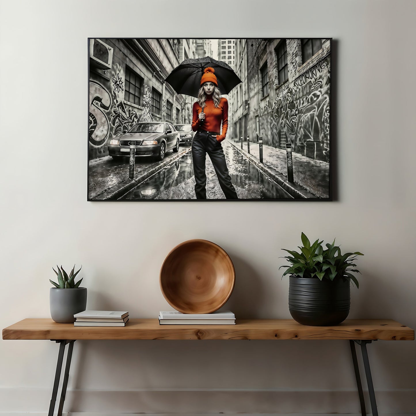 Woman in Orange Hat, Jumper, and Black Umbrella in Alleyway - Digital Wall Art (100x70cm) - Arts To GloryWoman in Orange Hat, Jumper, and Black Umbrella in Alleyway - Digital Wall Art (100x70cm)Digital Wall ArtArts To GloryDramatic city alleyway scene with vibrant orange fashion details, 100x70cm.