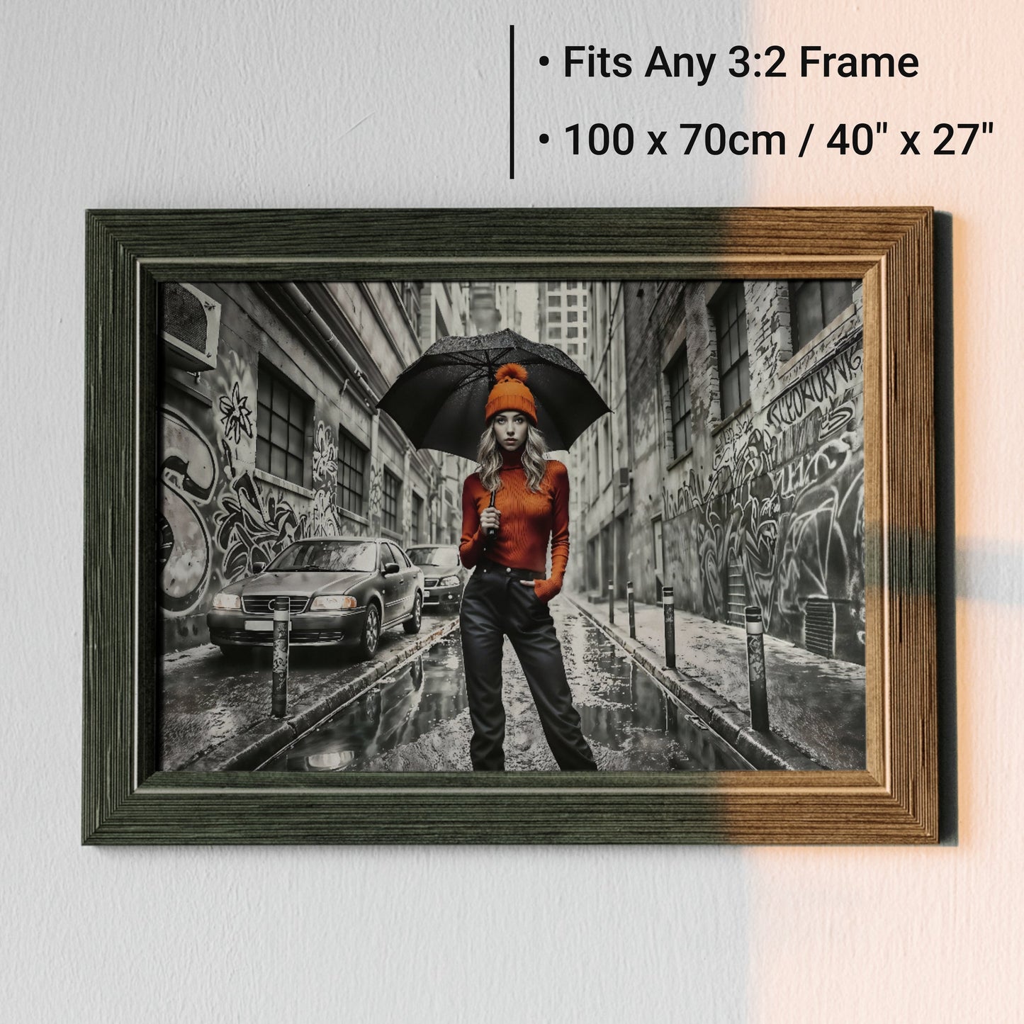 Woman in Orange Hat, Jumper, and Black Umbrella in Alleyway - Digital Wall Art (100x70cm) - Arts To GloryWoman in Orange Hat, Jumper, and Black Umbrella in Alleyway - Digital Wall Art (100x70cm)Digital Wall ArtArts To GloryUrban digital artwork featuring a woman in an orange hat and jumper, standing in a city alley, 100x70cm.