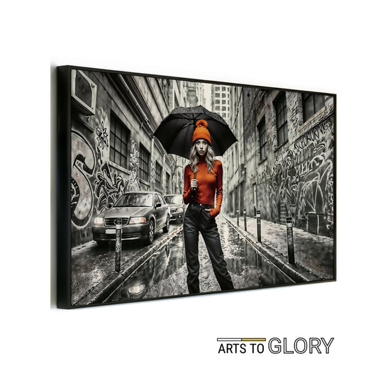 Woman in Orange Hat, Jumper, and Black Umbrella in Alleyway - Digital Wall Art (100x70cm) - Arts To GloryWoman in Orange Hat, Jumper, and Black Umbrella in Alleyway - Digital Wall Art (100x70cm)Digital Wall ArtArts To GloryWoman in an orange hat and jumper holding a black umbrella in a monochrome alleyway, 100x70cm.