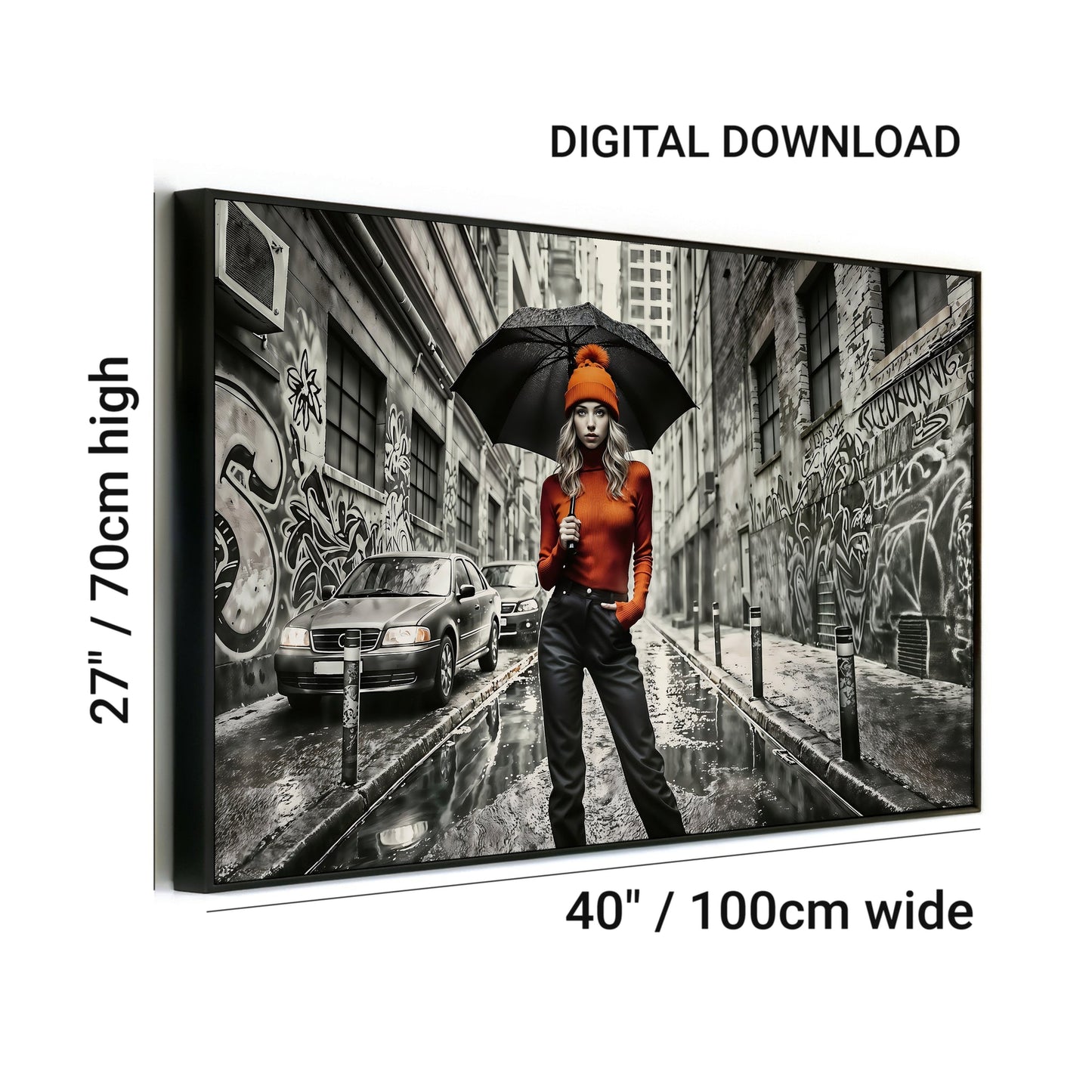 Woman in Orange Hat, Jumper, and Black Umbrella in Alleyway - Digital Wall Art (100x70cm) - Arts To GloryWoman in Orange Hat, Jumper, and Black Umbrella in Alleyway - Digital Wall Art (100x70cm)Digital Wall ArtArts To GloryCity street scene with a woman in bold orange fashion, standing in a graffiti - lined alley, 100x70cm.