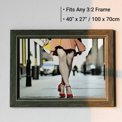 Woman in Orange Skirt & Red Heels | Dynamic Urban Walk | Bold Digital Art | 100 x 70 cm | Home Decor - Arts To GloryWoman in Orange Skirt & Red Heels | Dynamic Urban Walk | Bold Digital Art | 100 x 70 cm | Home DecorOrangeArts To GloryFramed digital art print of a woman in an orange skirt and red heels walking in an urban setting, with text indicating Fits Any 3:2 Frame and dimensions 40 x 27 inch/ 100 x 70 cm.