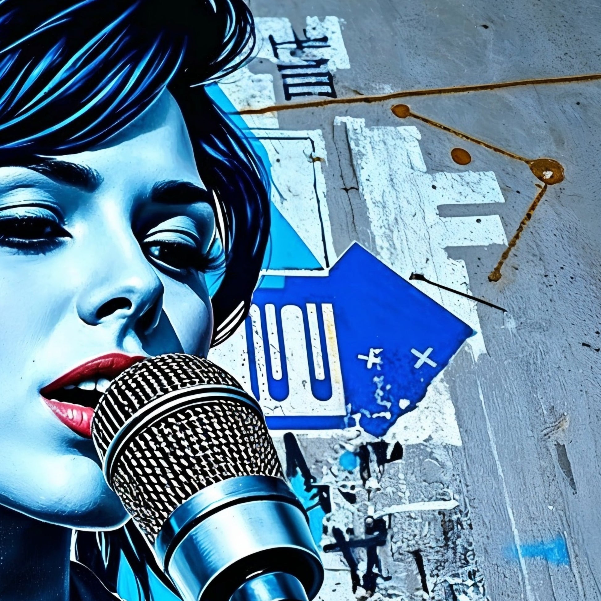 Woman Singing Street Art - Arts To GloryWoman Singing Street ArtDigital Wall ArtArts To GloryClose - up of a singer with dramatic blue tones and graffiti - inspired design, showcasing urban artistic energy.