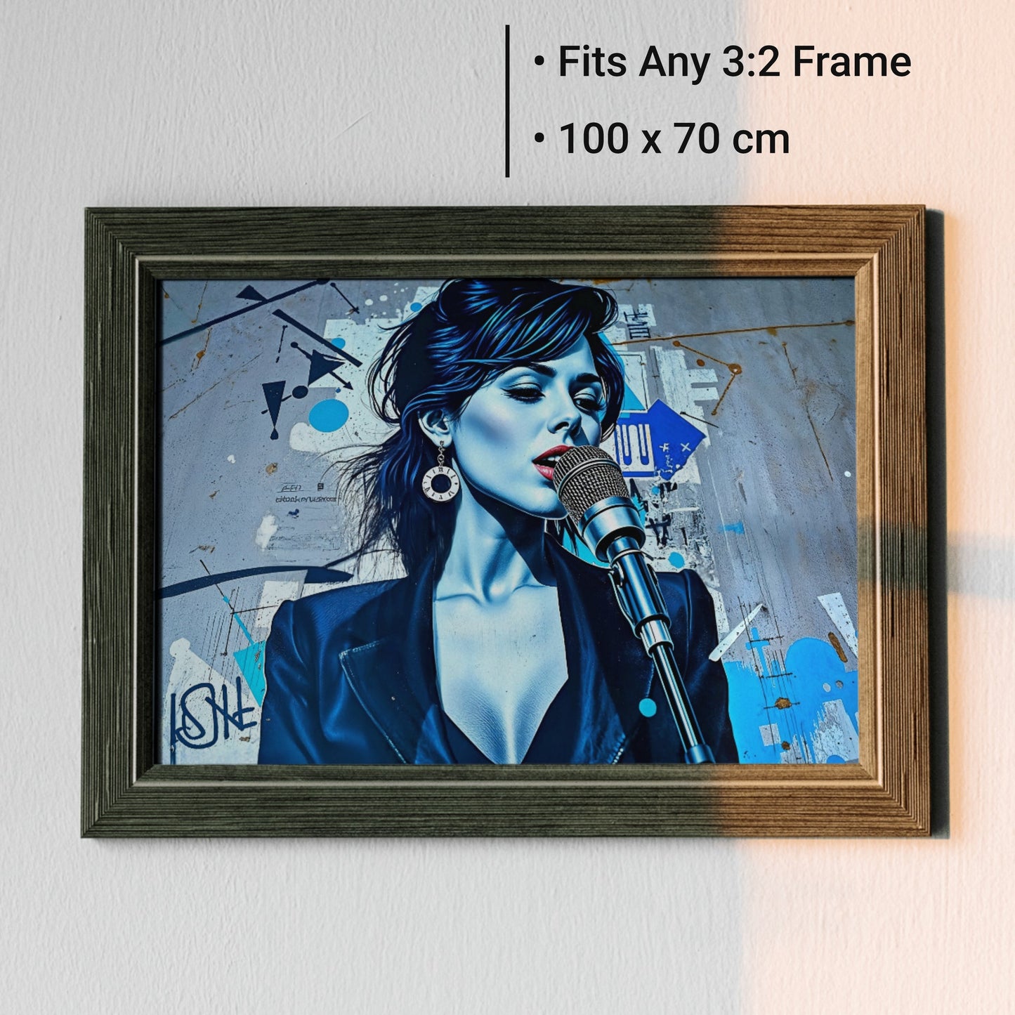 Woman Singing Street Art - Arts To GloryWoman Singing Street ArtDigital Wall ArtArts To GloryFramed 100x70cm print of a singer with bold blue accents in a street art - inspired style, perfect for contemporary interiors.