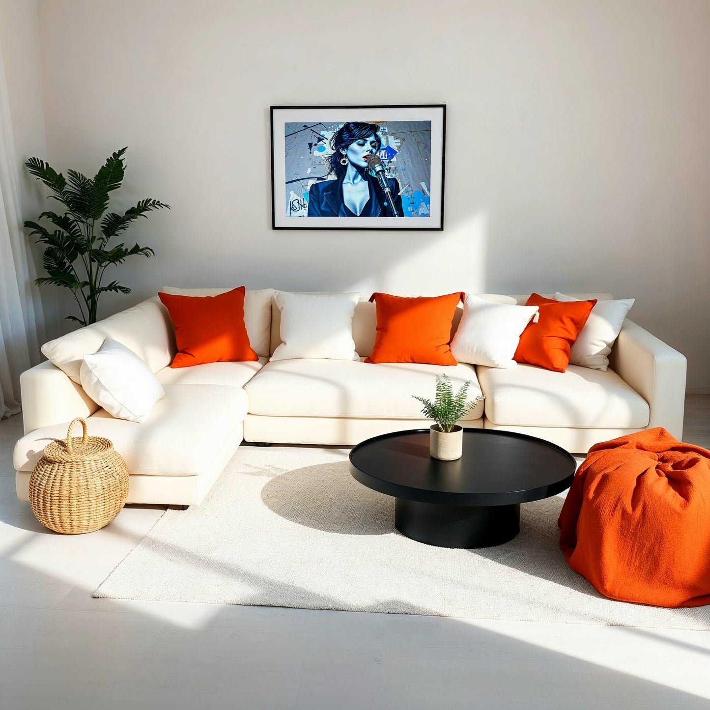 Woman Singing Street Art - Arts To GloryWoman Singing Street ArtDigital Wall ArtArts To GloryA minimalistic living room with a cream sectional sofa, warm cushions, and a framed art piece of a singer with bold blue tones and urban elements.