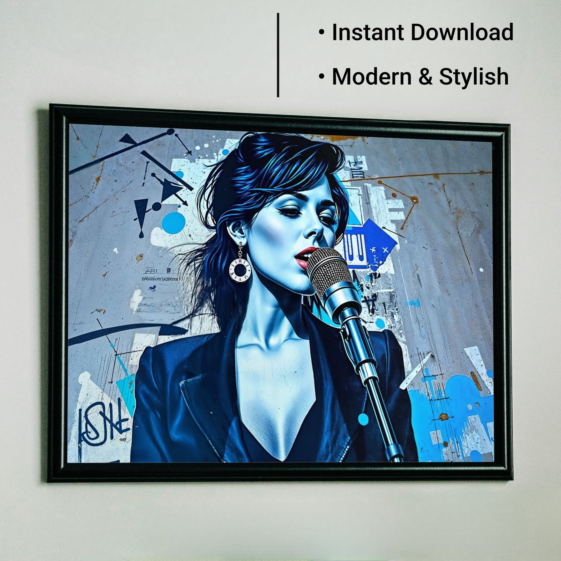 Woman Singing Street Art - Arts To GloryWoman Singing Street ArtDigital Wall ArtArts To GloryMinimalist urban - style digital artwork featuring a bold singer portrait with blue highlights and graffiti - inspired details.