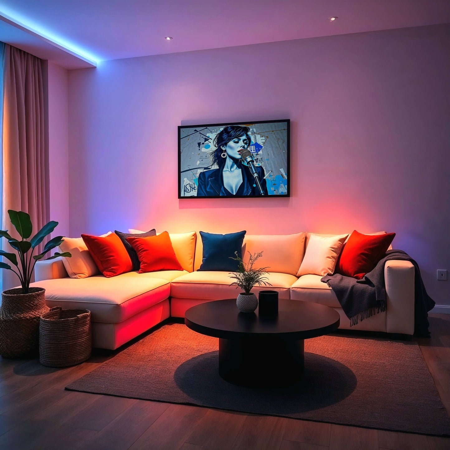 Woman Singing Street Art - Arts To GloryWoman Singing Street ArtDigital Wall ArtArts To GloryA stylish living room with dramatic lighting, featuring a framed art piece of a singer with vibrant blue accents against an urban graffiti background.