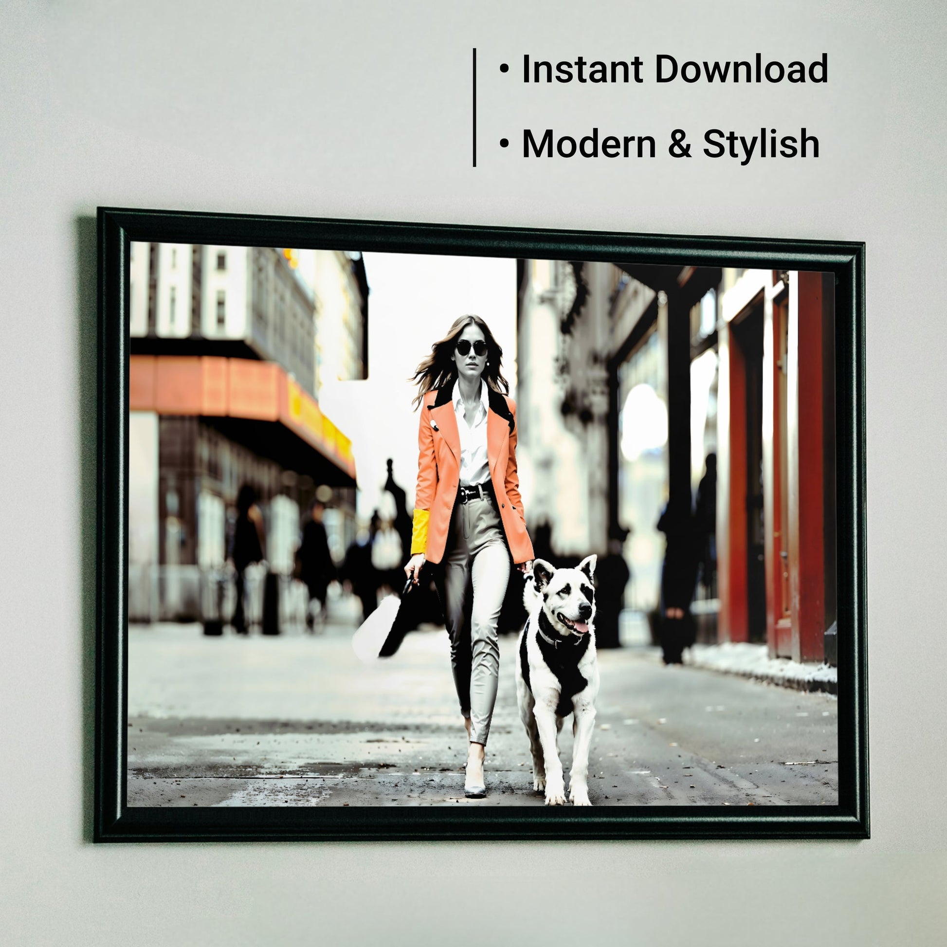 Woman Walking Dogs Through Park | High Contrast Summer Silhouette Wall Art | Palm Red Accents | Urban-Inspired Modern Digital Art | 100 x 70 cm | Home Decor - Arts To GloryWoman Walking Dogs Through Park | High Contrast Summer Silhouette Wall Art | Palm Red Accents | Urban-Inspired Modern Digital Art | 100 x 70 cm | Home DecorColourful ExpressionsArts To GloryFramed digital art print of a woman walking her dog in a city wearing a bold red jacket with text indicating Instant Download and Modern a