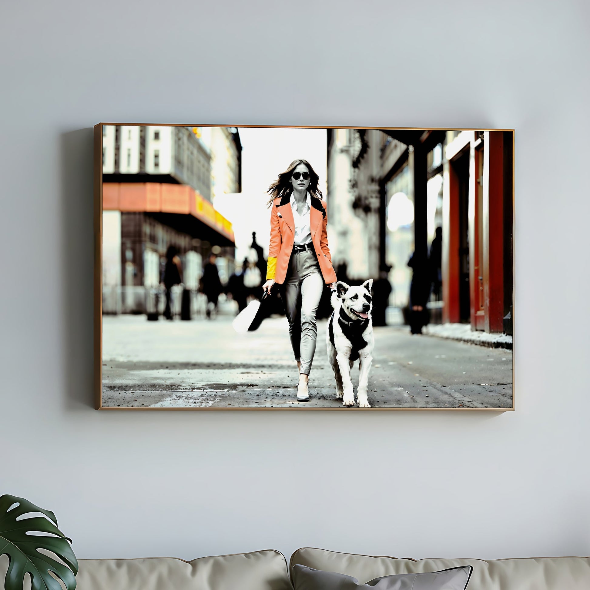 Woman Walking Dogs Through Park | High Contrast Summer Silhouette Wall Art | Palm Red Accents | Urban-Inspired Modern Digital Art | 100 x 70 cm | Home Decor - Arts To GloryWoman Walking Dogs Through Park | High Contrast Summer Silhouette Wall Art | Palm Red Accents | Urban-Inspired Modern Digital Art | 100 x 70 cm | Home DecorColourful ExpressionsArts To GloryDigital art print of a woman walking her dog in a city, wearing a bold red jacket, displayed on a living room wall.