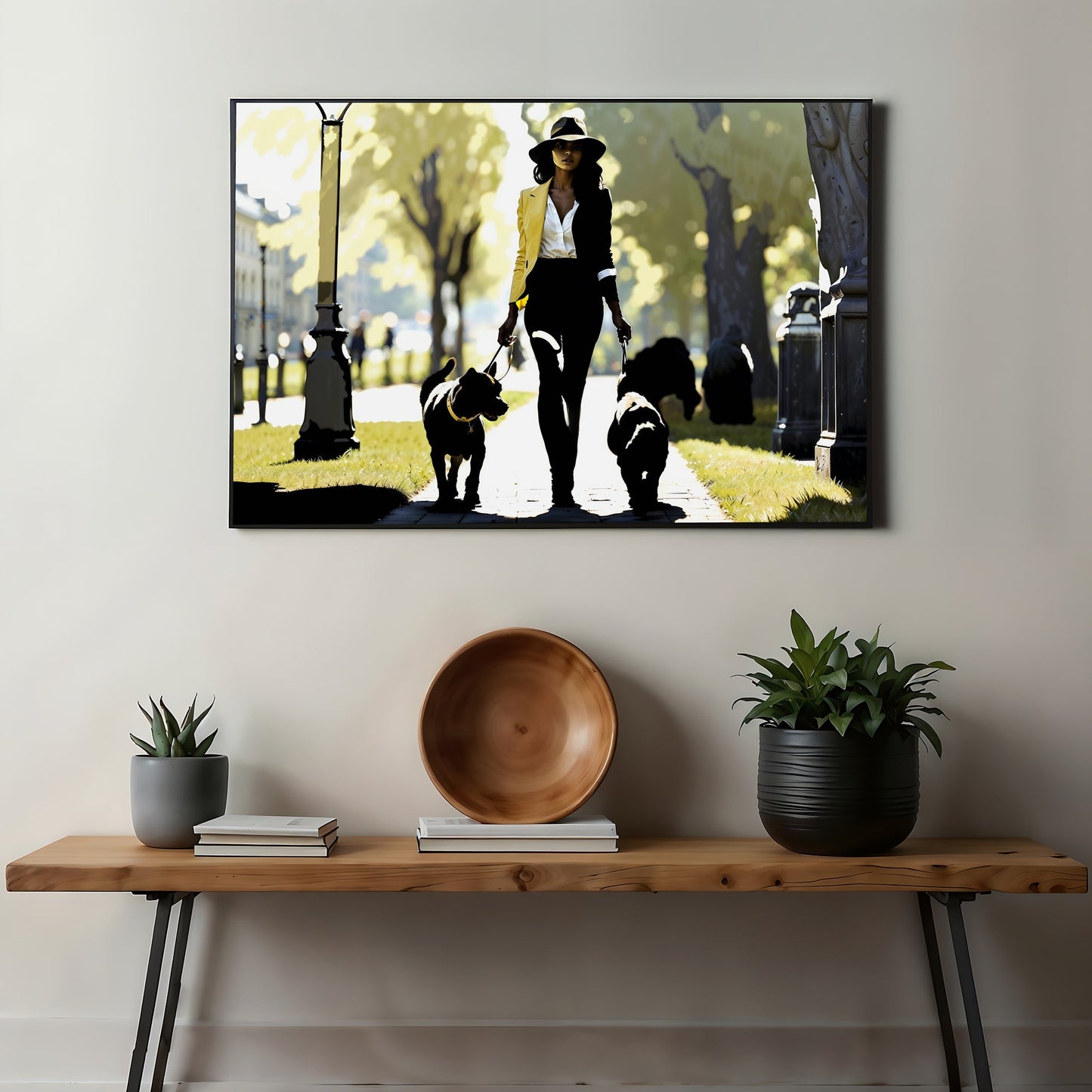 Woman Walking Dogs Through Park | Summer Silhouette Art | Sharp Contrast with Yellow & Green Accents | Wide Format | Home Decor | Digital Download | 100 x 70 cm - Arts To GloryWoman Walking Dogs Through Park | Summer Silhouette Art | Sharp Contrast with Yellow & Green Accents | Wide Format | Home Decor | Digital Download | 100 x 70 cmColourful ExpressionsArts To GloryElegant home decor featuring a digital print of a woman in a chic outfit walking dogs in a park, perfectly placed above a wooden c