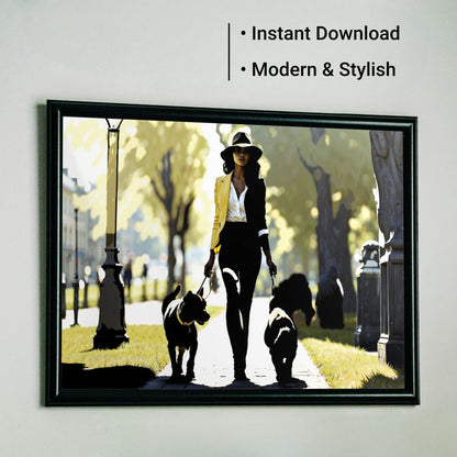 Woman Walking Dogs Through Park | Summer Silhouette Art | Sharp Contrast with Yellow & Green Accents | Wide Format | Home Decor | Digital Download | 100 x 70 cm - Arts To GloryWoman Walking Dogs Through Park | Summer Silhouette Art | Sharp Contrast with Yellow & Green Accents | Wide Format | Home Decor | Digital Download | 100 x 70 cmColourful ExpressionsArts To GloryStylish digital wall art print of a woman in a chic hat and yellow jacket walking dogs, framed and noted as an Instant Download an