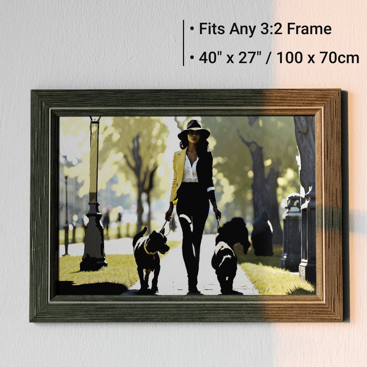 Woman Walking Dogs Through Park | Summer Silhouette Art | Sharp Contrast with Yellow & Green Accents | Wide Format | Home Decor | Digital Download | 100 x 70 cm - Arts To GloryWoman Walking Dogs Through Park | Summer Silhouette Art | Sharp Contrast with Yellow & Green Accents | Wide Format | Home Decor | Digital Download | 100 x 70 cmColourful ExpressionsArts To GloryDigital art print of a woman stylishly walking dogs in a park, framed in a wooden 3:2 frame, dimensions 40x27 inches or 100x70 cm,