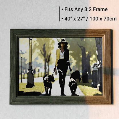 Woman Walking Dogs Through Park | Summer Silhouette Art | Sharp Contrast with Yellow & Green Accents | Wide Format | Home Decor | Digital Download | 100 x 70 cm - Arts To GloryWoman Walking Dogs Through Park | Summer Silhouette Art | Sharp Contrast with Yellow & Green Accents | Wide Format | Home Decor | Digital Download | 100 x 70 cmColourful ExpressionsArts To GloryDigital art print of a woman stylishly walking dogs in a park, framed in a wooden 3:2 frame, dimensions 40x27 inches or 100x70 cm,