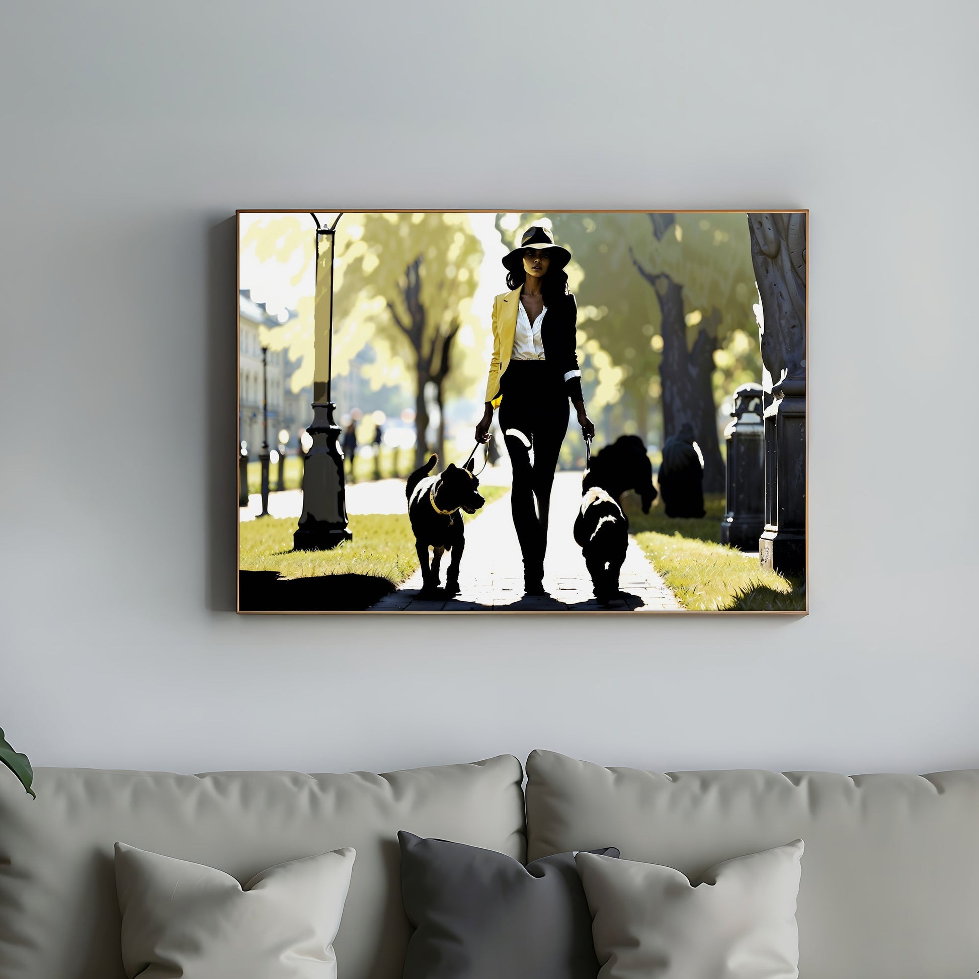 Woman Walking Dogs Through Park | Summer Silhouette Art | Sharp Contrast with Yellow & Green Accents | Wide Format | Home Decor | Digital Download | 100 x 70 cm - Arts To GloryWoman Walking Dogs Through Park | Summer Silhouette Art | Sharp Contrast with Yellow & Green Accents | Wide Format | Home Decor | Digital Download | 100 x 70 cmColourful ExpressionsArts To GloryElegant woman in a hat walking two dogs in a park, featuring vibrant yellow and green accents in a digital art print.