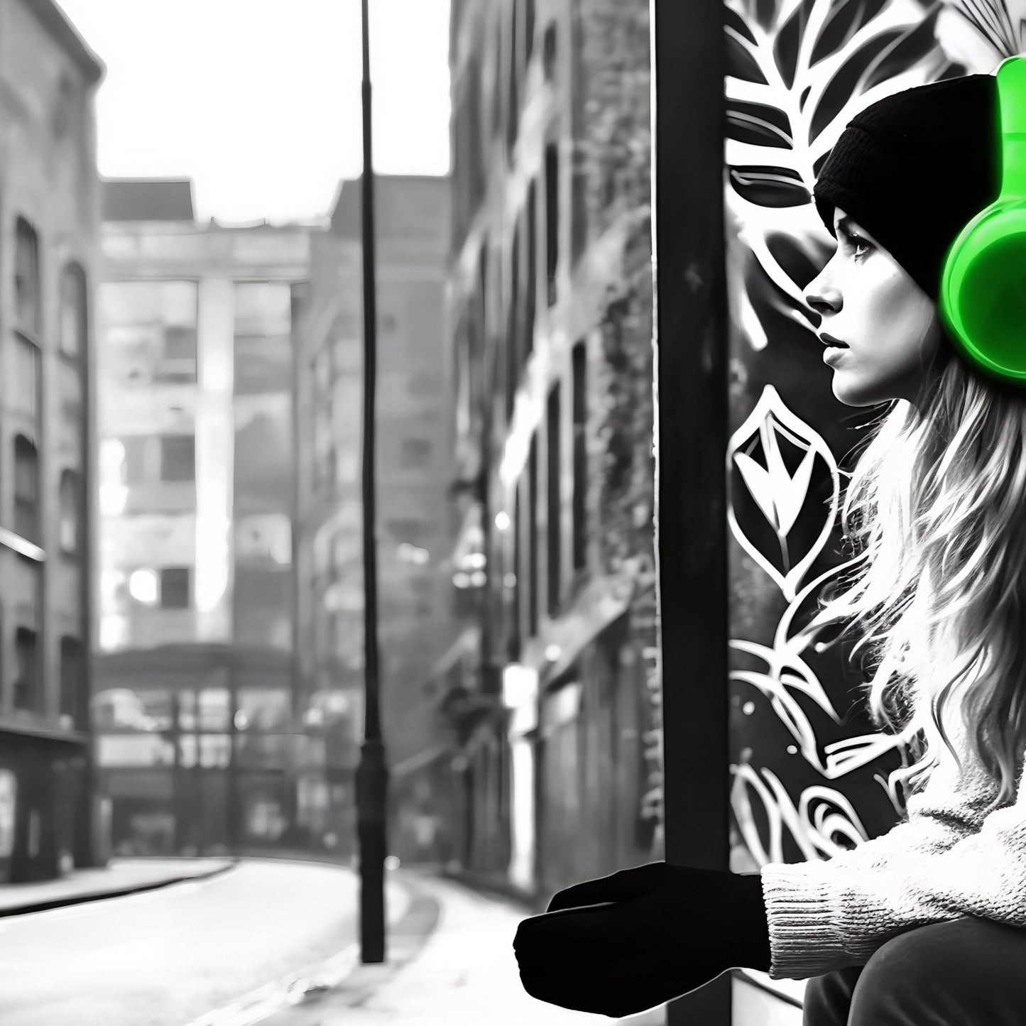 Woman Wearing Green Headphones at Bus Stop - Arts To GloryWoman Wearing Green Headphones at Bus StopDigital Wall ArtArts To GloryMonochrome city scene with a woman in green headphones sitting at a graffiti - covered bus stop, capturing urban strength, 100x70cm.