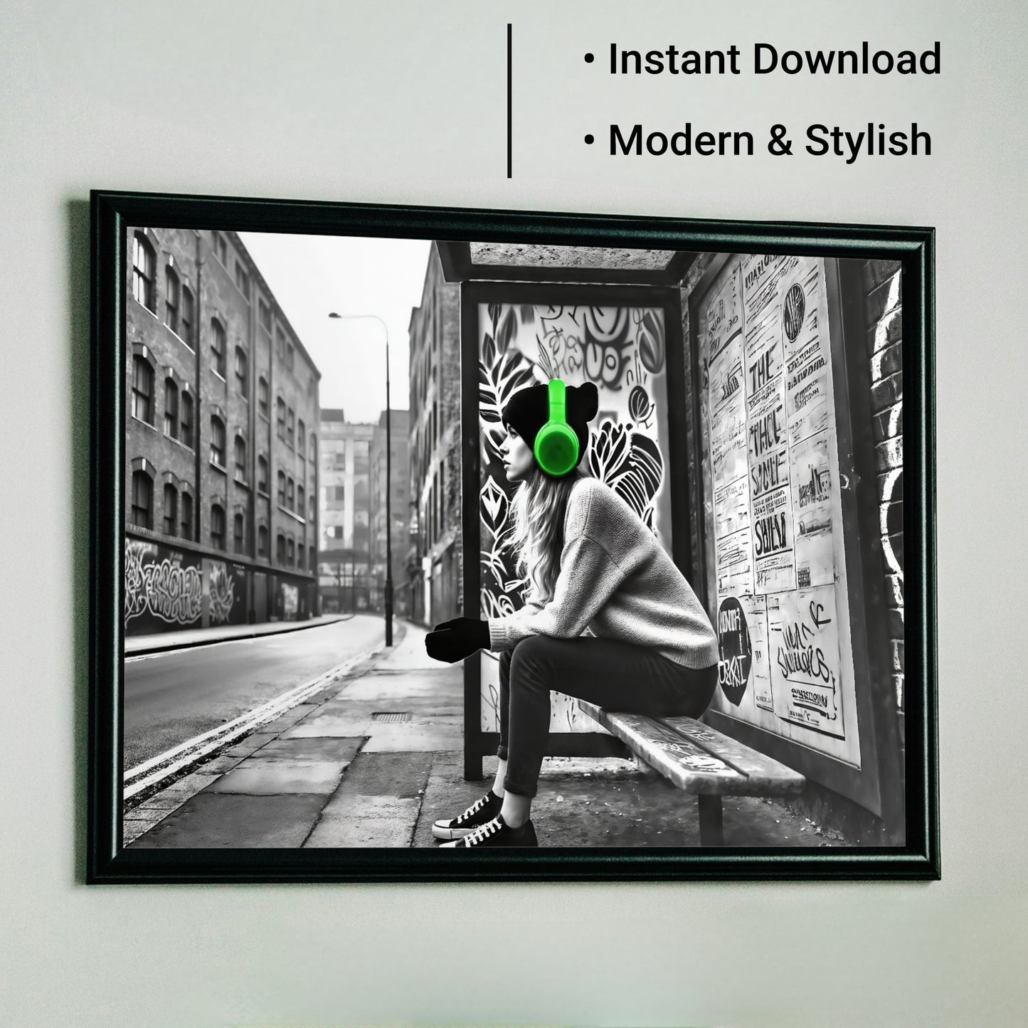 Woman Wearing Green Headphones at Bus Stop - Arts To GloryWoman Wearing Green Headphones at Bus StopDigital Wall ArtArts To GloryDigital art of a woman with green headphones at an urban bus stop, highlighting solitude and resilience, 100x70cm.