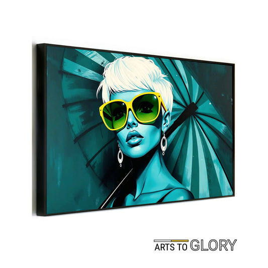 Woman with Blue Umbrella - Arts To GloryWoman with Blue UmbrellaDigital Wall ArtArts To GloryBold pop - art style featuring a teal - toned woman with yellow sunglasses and an umbrella, perfect for modern urban décor.