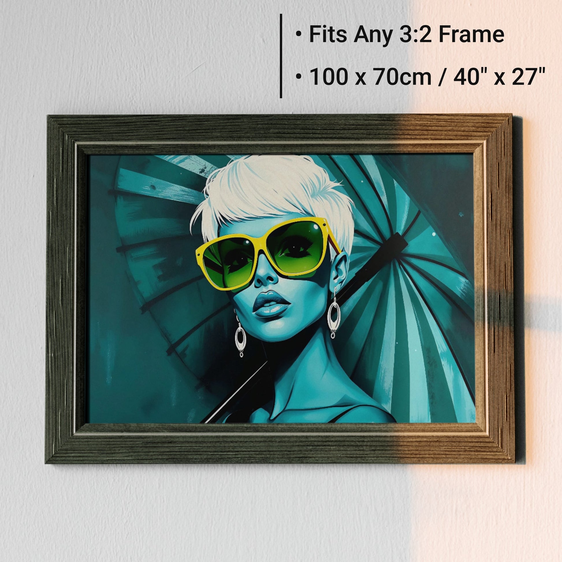 Woman with Blue Umbrella - Arts To GloryWoman with Blue UmbrellaDigital Wall ArtArts To GloryFramed 100x70cm print of a teal woman wearing yellow sunglasses and holding an umbrella in a bold, modern pop - art style, ideal for urban interiors.