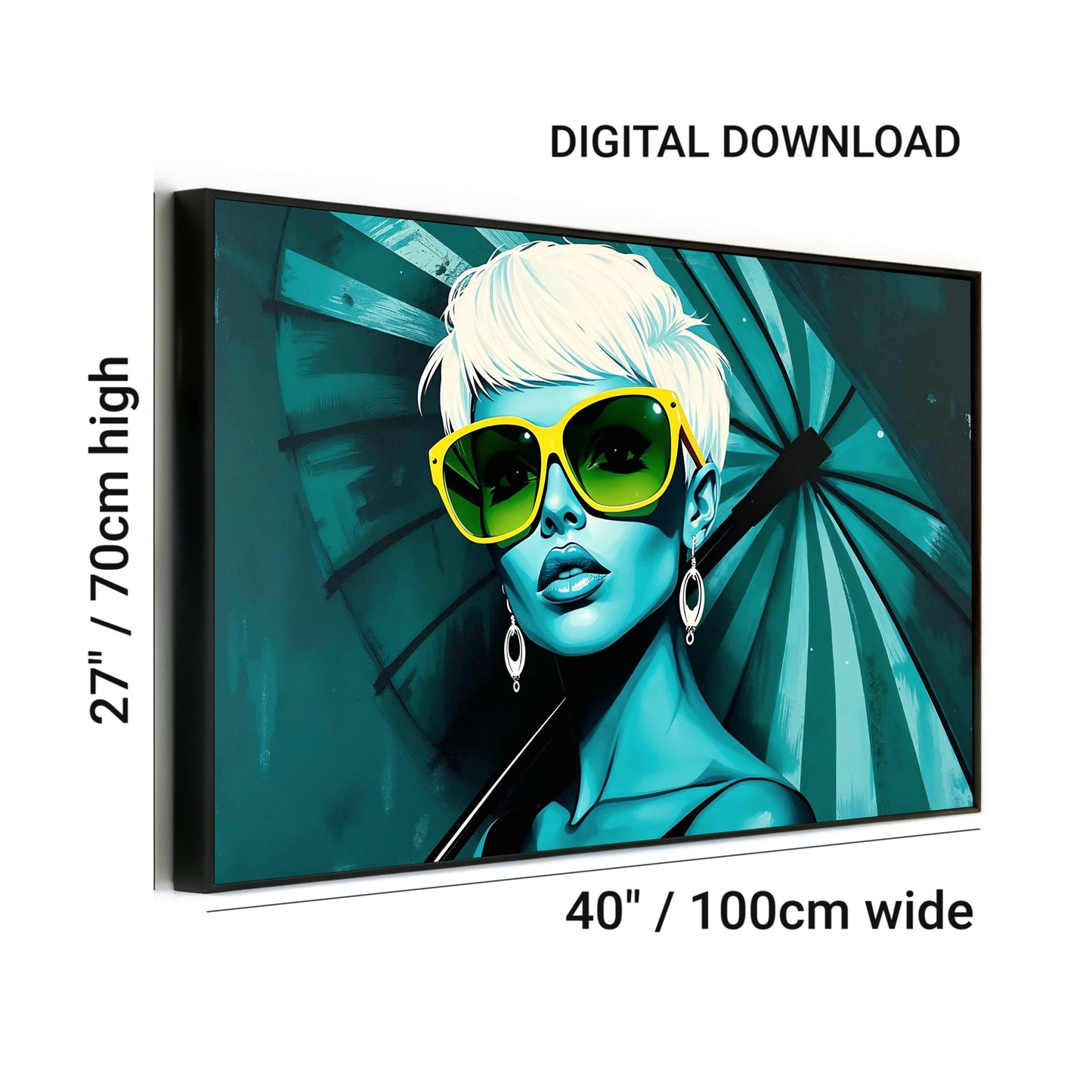 Woman with Blue Umbrella - Arts To GloryWoman with Blue UmbrellaDigital Wall ArtArts To GloryDigital download pop - art piece featuring a teal - toned woman with yellow sunglasses and an umbrella, perfect for home or office décor.