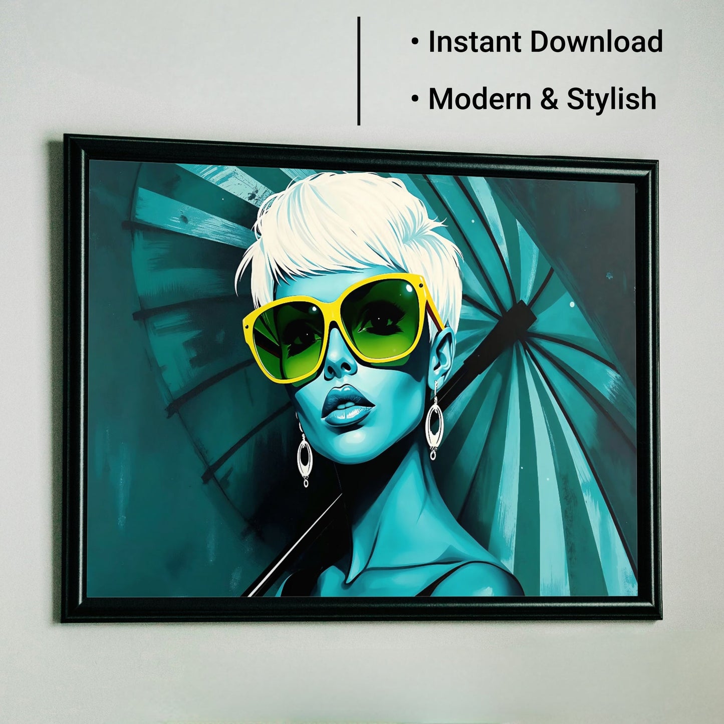 Woman with Blue Umbrella - Arts To GloryWoman with Blue UmbrellaDigital Wall ArtArts To GloryMinimalist pop - art digital artwork featuring a teal woman holding an umbrella and wearing bold yellow sunglasses, perfect for contemporary spaces.