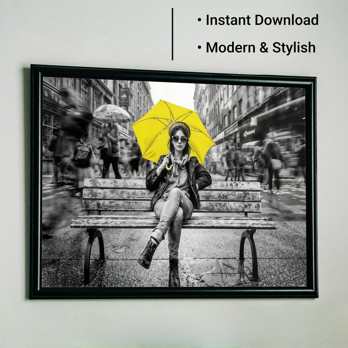 Yellow Umbrella Portrait - Arts To GloryYellow Umbrella PortraitDigital Wall ArtArts To GloryUrban wall art featuring bold yellow umbrella in a modern black frame with text overlay reading “Instant Download” and “Modern & Stylish.”