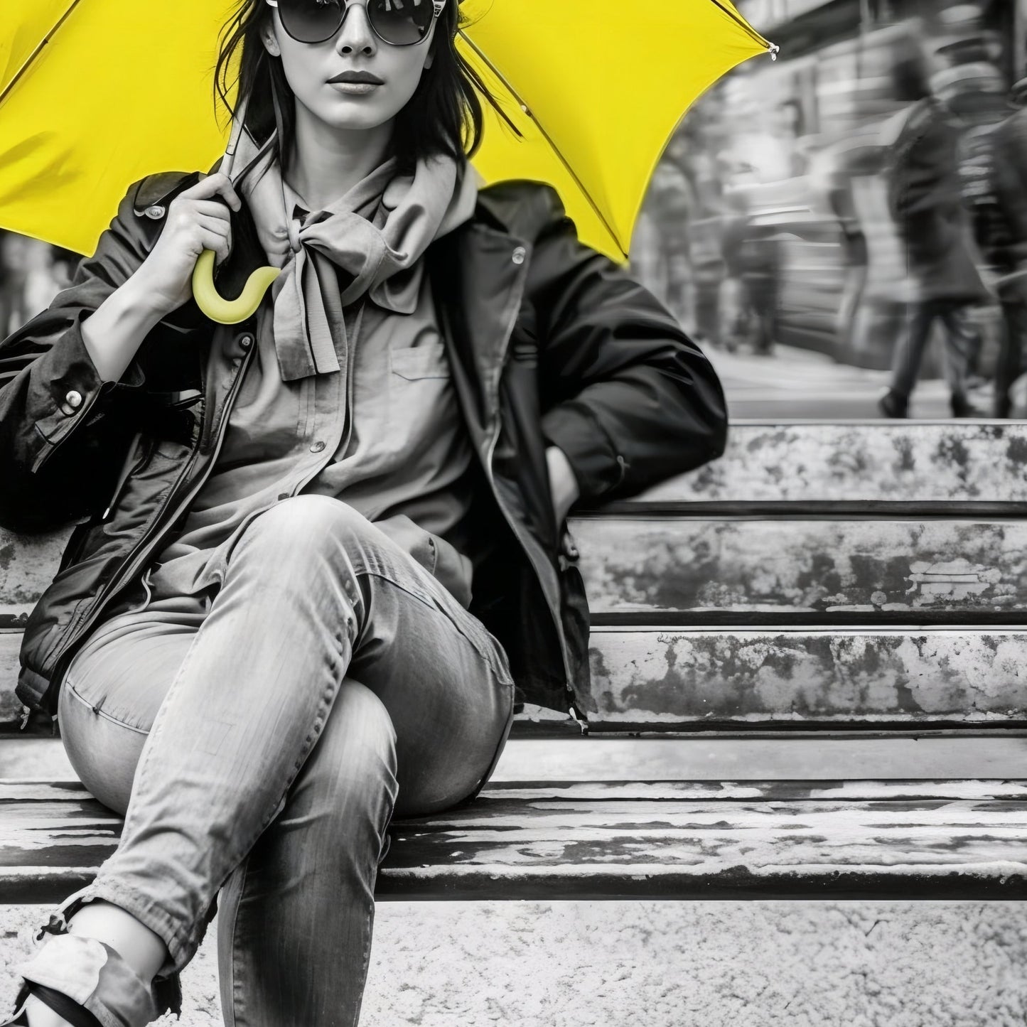 Yellow Umbrella Portrait - Arts To GloryYellow Umbrella PortraitDigital Wall ArtArts To GloryClose - up of textured yellow umbrella against a monochrome street scene with blurred pedestrians, highlighting the vivid colour contrast.