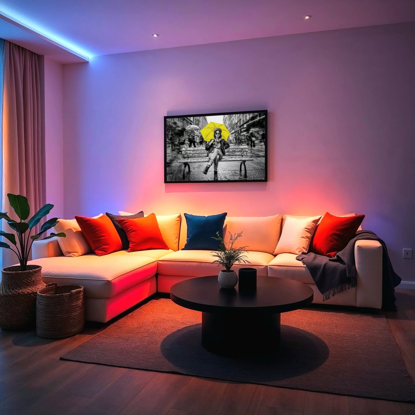 Yellow Umbrella Portrait - Arts To GloryYellow Umbrella PortraitDigital Wall ArtArts To GloryUrban wall art featuring yellow umbrella on a monochrome bench scene, mounted above a cream sofa in a modern living room with moody LED lighting and bold yellow cushions.
