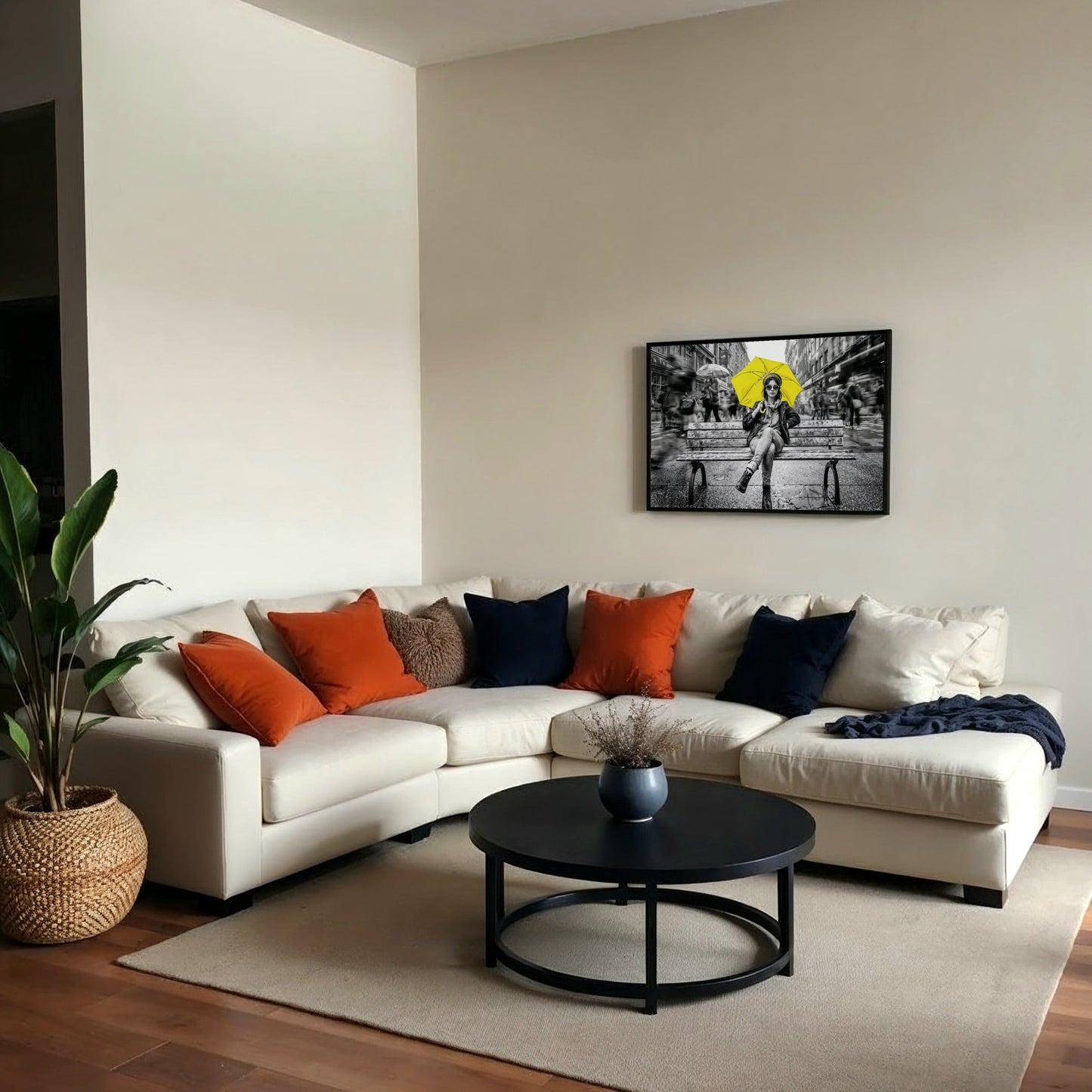 Yellow Umbrella Portrait - Arts To GloryYellow Umbrella PortraitDigital Wall ArtArts To GloryUrban digital artwork of yellow umbrella in a street scene, hung above a cream corner sofa with grey and yellow pillows in a softly lit modern lounge.