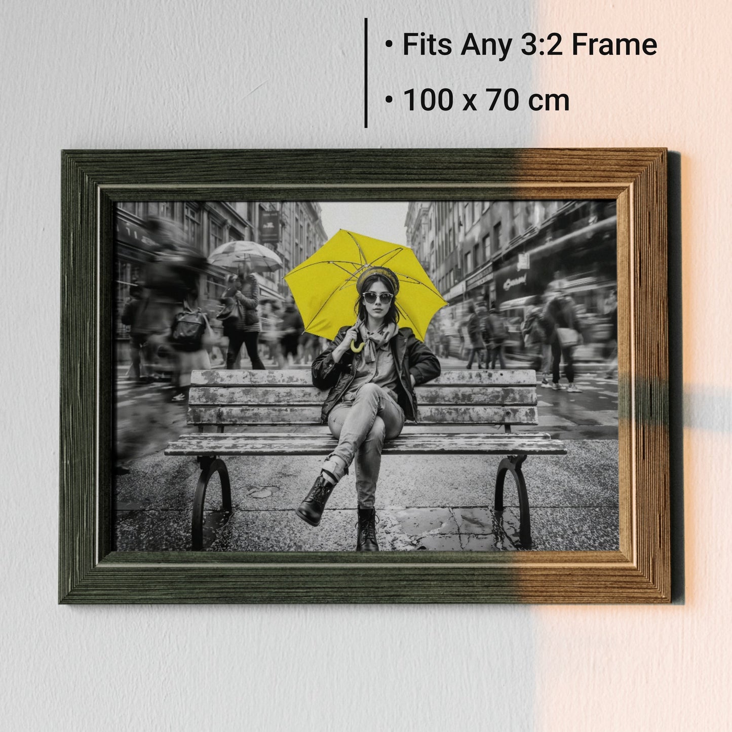 Yellow Umbrella Portrait - Arts To GloryYellow Umbrella PortraitDigital Wall ArtArts To GloryAngled framed mock - up of urban umbrella portrait artwork with clear 100 x 70 cm size labels, set against a white background for scale reference.