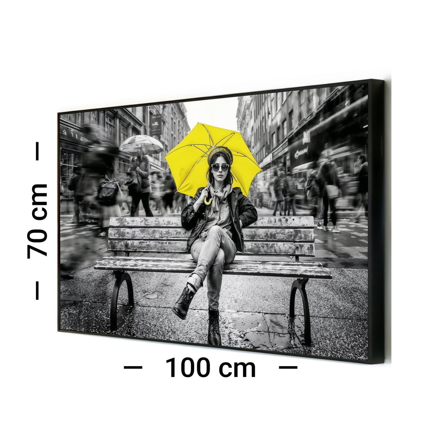 Yellow Umbrella Portrait - Arts To GloryYellow Umbrella PortraitDigital Wall ArtArts To GloryDigital urban artwork of yellow umbrella portrait in a rustic wooden frame, set against a pale wall with overlay text showing size guide and frame style.