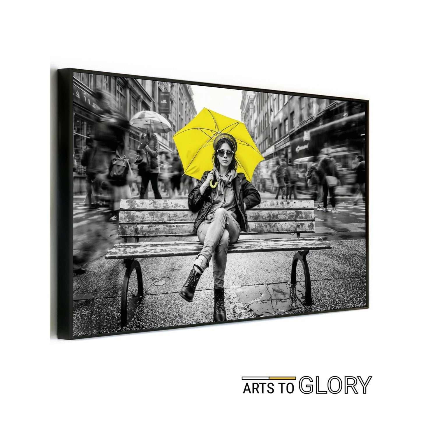 Yellow Umbrella Portrait - Arts To GloryYellow Umbrella PortraitDigital Wall ArtArts To GloryMock - up of yellow umbrella held by a resilient figure on a city bench amid monochrome motion blur, framed and angled clearly with Arts To Glory branding.