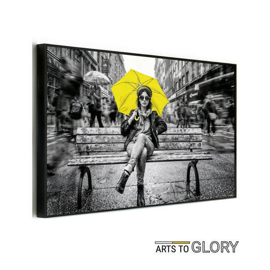 Yellow Umbrella Portrait - Arts To GloryYellow Umbrella PortraitDigital Wall ArtArts To GloryMock - up of yellow umbrella held by a resilient figure on a city bench amid monochrome motion blur, framed and angled clearly with Arts To Glory branding.